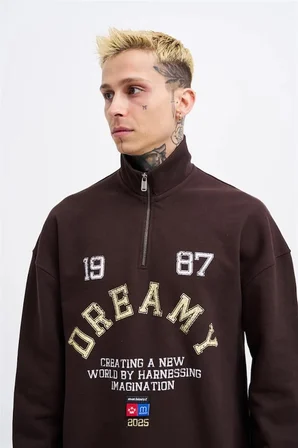Erkek High Neck Printed Polo Sweatshirt Koyu Kahverengi