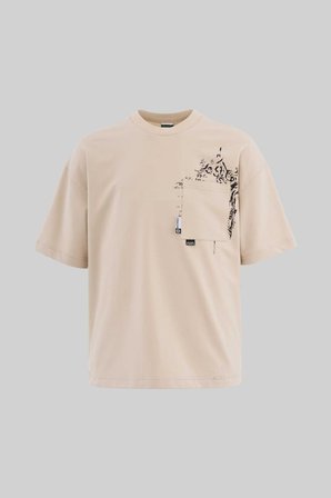 Erkek Label and Print Pocket Oversize Tişört Açık Bej