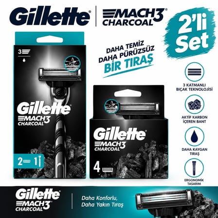 Gillette Mach3 Charcoal 2'li Set 1 Sap + 6 Yedek Bıçak