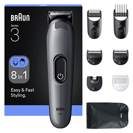 Braun Hepsi Bir Arada Series 3, 8’i 1 arada Tıraş Kiti, Keskin Bıçak, 14 Uzunluk, AIO3540