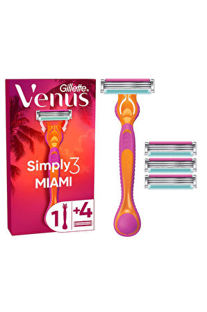 Gillette Simply Venus 3 Miami Tıraş Makinesi Gövdesi + 4 Bıçak