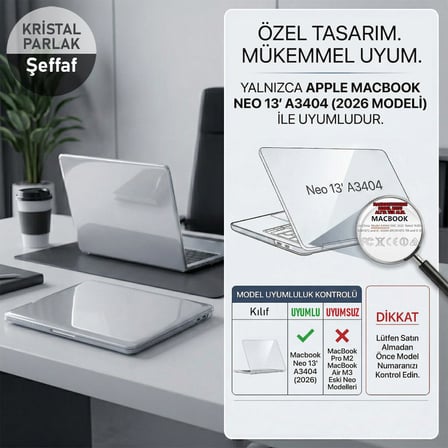 CaseOnn Apple Macbook Neo 13" İnç Uyumlu Kılıf A3404 (2026) Kristal Parlak Koruyucu Sert Kapak Şeffaf