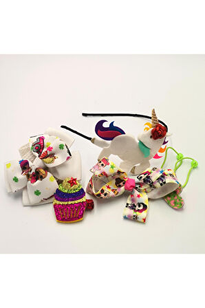 Renkli Desenli Taç Toka Bandana Set