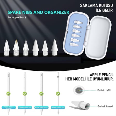 Apple Pencil 2./1. Nesil Pencil Pro/USB-C için Saklama Kutulu Yedek Kalem Ucu 6 Adet (Mavi)