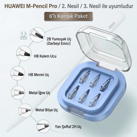 CaseOnn Huawei M-Pencil Pro için Saklama Kutulu Yedek Kalem Ucu 6 Adet Mavi