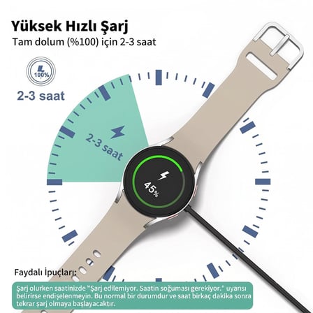 CaseOnn Samsung Galaxy Watch 8 40mm Manyetik USB Hızlı Şarj Kablosu Siyah (Yüksek Amper)