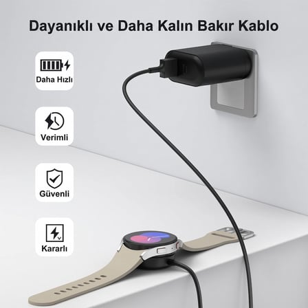CaseOnn Samsung Galaxy Watch 9 44mm Manyetik USB Hızlı Şarj Kablosu Siyah (Yüksek Amper)