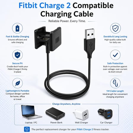 CaseOnn Fitbit Charge 2 Manyetik USB Hızlı Şarj Kablosu Siyah