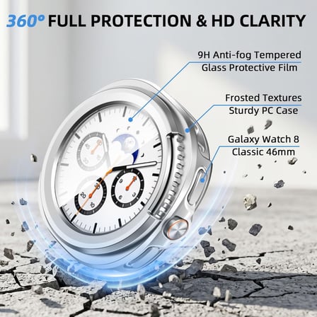 CaseOnn Samsung Galaxy Watch 8 Classic 46mm Kılıf Cam Ekran Korumalı Sert Bumper Gümüş