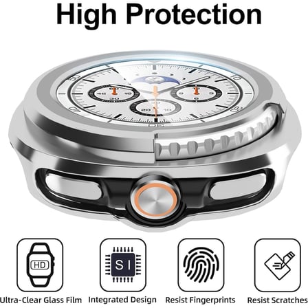 CaseOnn Samsung Galaxy Watch 8 Classic 46mm Kılıf Cam Ekran Korumalı Sert Bumper Gümüş