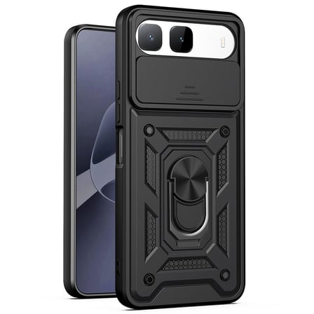 CaseOnn Infinix Hot 60i 5G Kılıf Sürgülü Kamera Korumalı Yüzüklü Mıknatıslı Tank Kapak Siyah