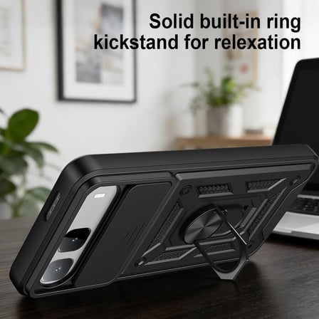 CaseOnn Infinix Hot 60i 5G Kılıf Sürgülü Kamera Korumalı Yüzüklü Mıknatıslı Tank Kapak Siyah