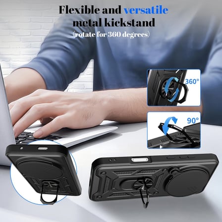 CaseOnn Honor Magic 8 Pro Kılıf Sürgülü Kamera Korumalı Yüzüklü Mıknatıslı Tank Kapak Lacivert