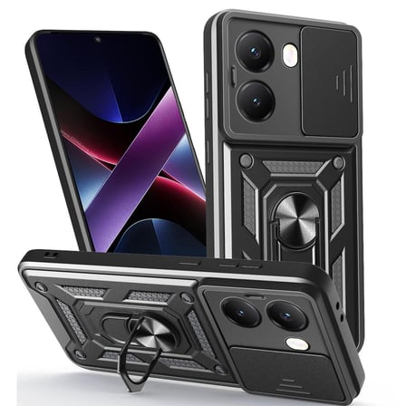 CaseOnn Xiaomi Poco X7 Pro Kılıf Sürgülü Kamera Korumalı Yüzüklü Mıknatıslı Tank Kapak Siyah
