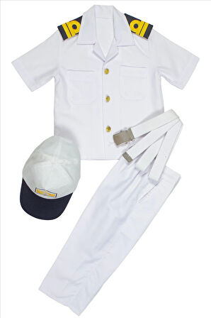 beyaz renkli kisa kollu sapkali yuzbasi cocuk kiyafet denizci kostum kaptan takimi