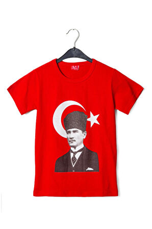 kisa kollu dijital baskili kirmizi beyaz ataturk kalpakli cocuk tisort