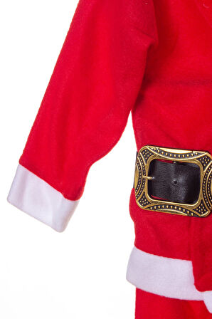 kirmizi renkli bereli kemerli kaliteli uzun kollu noel baba detayli unisex kostum