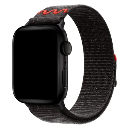CaseOnn Apple Watch SE 44mm Kordon Dikişli Spor Cırtlı Kumaş Kayış Siyah Kırmızı