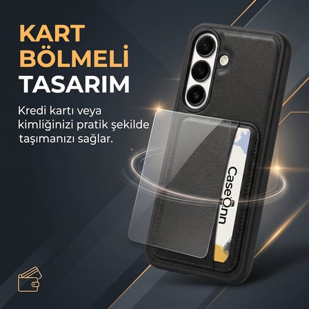CaseOnn Samsung Galaxy A27 Kılıf Deri Dokulu Kartlıklı Kapak Siyah