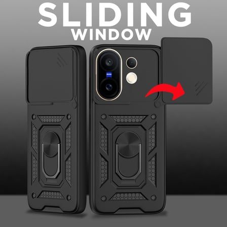 CaseOnn Vivo X200 FE Kılıf Sürgülü Kamera Korumalı Yüzüklü Mıknatıslı Tank Kapak Siyah