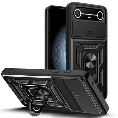CaseOnn Tecno Spark Slim 5G Kılıf Sürgülü Kamera Korumalı Yüzüklü Mıknatıslı Tank Kapak Siyah