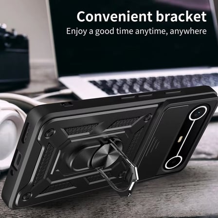 CaseOnn Tecno Spark Slim 5G Kılıf Sürgülü Kamera Korumalı Yüzüklü Mıknatıslı Tank Kapak Siyah