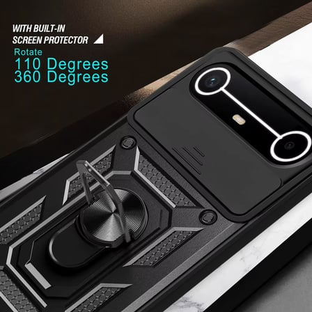 CaseOnn Tecno Spark Slim 5G Kılıf Sürgülü Kamera Korumalı Yüzüklü Mıknatıslı Tank Kapak Siyah
