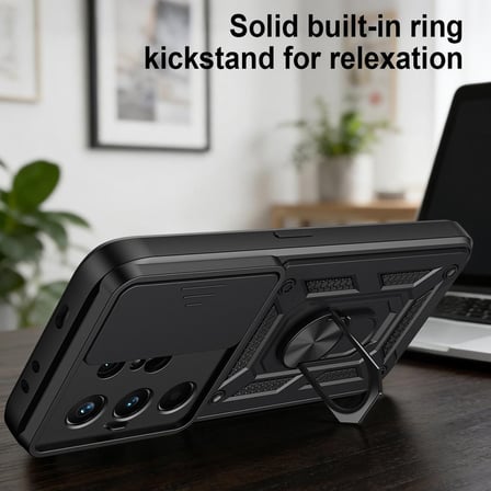 CaseOnn Tecno Camon 50 Pro Kılıf Sürgülü Kamera Korumalı Yüzüklü Mıknatıslı Tank Kapak Siyah