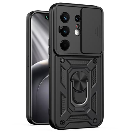 CaseOnn Tecno Camon 50 Ultra 5G Kılıf Sürgülü Kamera Korumalı Yüzüklü Mıknatıslı Tank Kapak Siyah