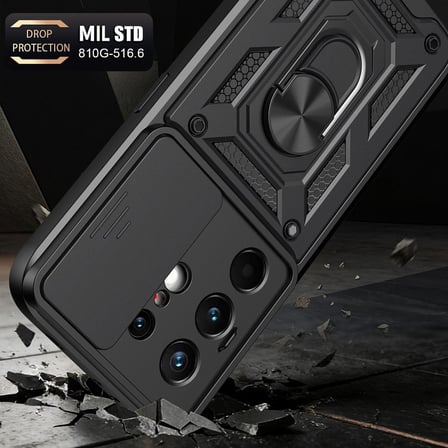 CaseOnn Tecno Camon 50 Ultra 5G Kılıf Sürgülü Kamera Korumalı Yüzüklü Mıknatıslı Tank Kapak Siyah