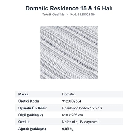 Dometic Continental Carpet Residence 15 & 16 Ön Çadır Halısı 610 x 265 cm (9120002584)