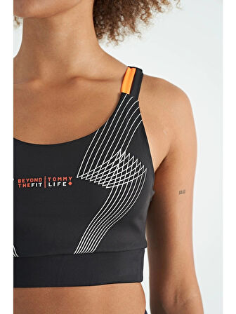 Tommy Life Siyah Baskılı Sırt Çapraz Detaylı Dalgıç Kumaş Dar Kalıp Kadın Büstiyer - 97273