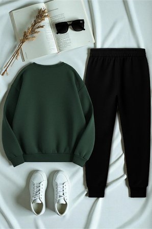 Unisex Kurdele Tasarım Baskılı Bisiklet Yaka Sweatshirt 2'li Eşofman Takımı