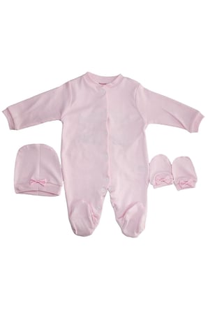 Kız Bebek İsme Özel Pembe Nakışlı Bereli Eldivenli Pembe Tulum