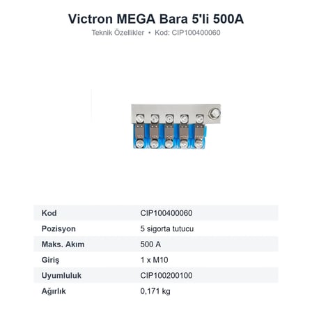 Victron Energy Modüler MEGA Sigorta Tutucu Barası 5'li 500A (CIP100400060)
