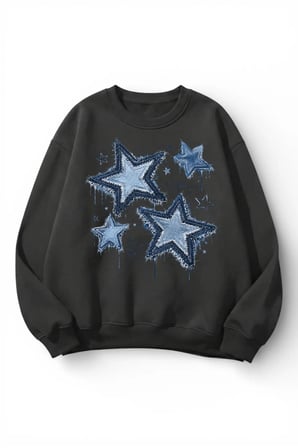 Unisex Yumuşak Dokulu Denim Yıldızlar Baskılı Tasarım Oversize 3 İplik Bisiklet Yaka Sweatshirt