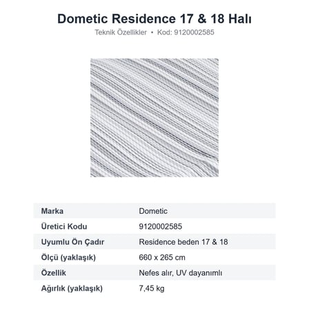 Dometic Continental Carpet Residence 17 & 18 Ön Çadır Halısı 660 x 265 cm (9120002585)