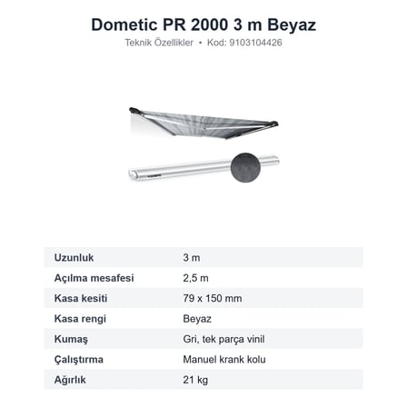 Dometic PerfectRoof PR 2000 Çatı Tipi Karavan Tentesi 3 m, Beyaz Kasa, Gri Kumaş (9103104426)