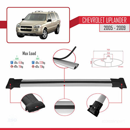 Chevrolet Uplander 2005-2009 Arası ile Uyumlu FLY Model Ara Atkı Tavan Barı Gri 2 Adet