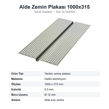 Alde Yerden Isıtma Alüminyum Zemin Plakası 1000x315 mm Ø12 mm Boru İçin (AL1500305)