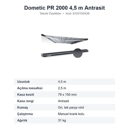 Dometic PerfectRoof PR 2000 Çatı Tipi Karavan Tentesi 4,5 m, Antrasit Kasa, Gri Kumaş (9103104438)