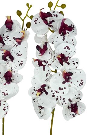 Yapay Çiçek Çilli Bordo Beyaz Islak Orkide Gerçeksi Doku Uzun Dal 90 cm