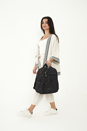 Çok Cepli Kadın Sırt Çantası Orta Boy Günlük HV3059 Siyah Desenli