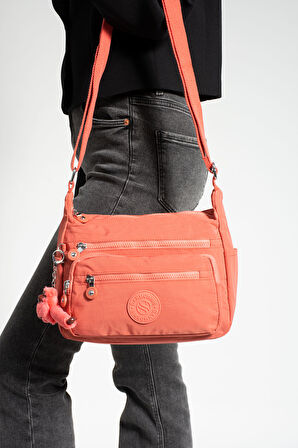 Çok Cepli Çapraz Askılı Kadın Omuz Çantası Orta Boy Günlük HV3010 Koyu Pembe