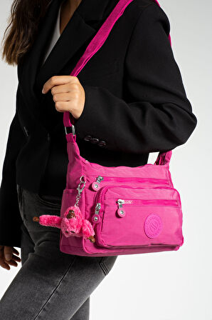 Çok Cepli Çapraz Askılı Kadın Omuz Çantası Orta Boy Günlük HV3010 Fuşya