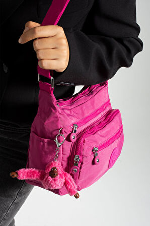 Çok Cepli Çapraz Askılı Kadın Omuz Çantası Orta Boy Günlük HV3010 Fuşya