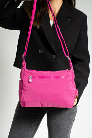 Çok Cepli Çapraz Askılı Kadın Omuz Çantası Orta Boy Günlük HV3010 Fuşya