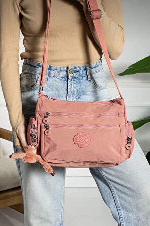 Çok Cepli Çapraz Askılı Kadın Omuz Çantası Orta Boy Günlük HV3007 Koyu Pembe