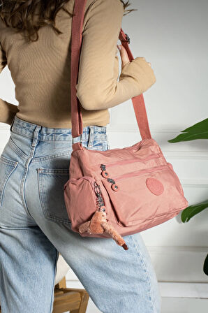 Çok Cepli Çapraz Askılı Kadın Omuz Çantası Orta Boy Günlük HV3007 Koyu Pembe