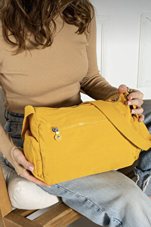 Çok Cepli Çapraz Askılı Kadın Omuz Çantası Orta Boy Günlük HV3007 Hardal